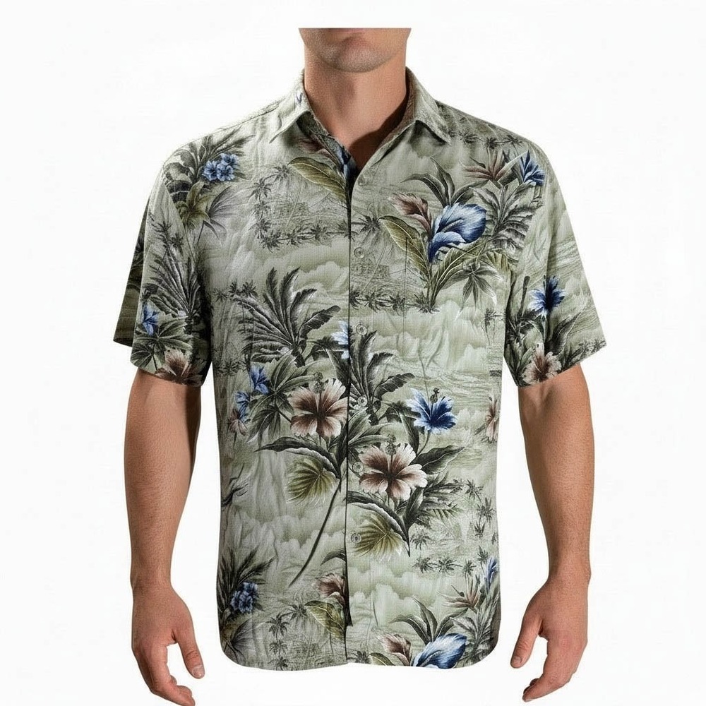 Campia Moda Hawaiian Shirt Mens M Floral Hibiscus Palm Aloha Olive Green